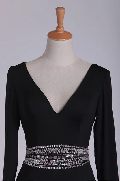 Sleeves V Neck Sexy Open Back Long Beading Mother Of The Bride Dresses