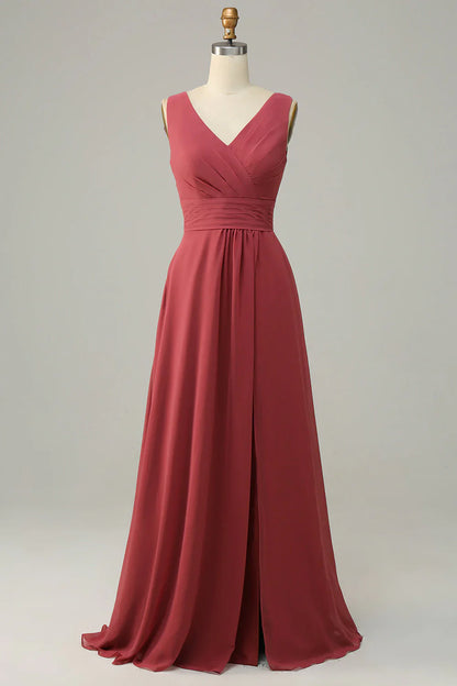 V-neck Desert Rose Sleeveless Chiffon Long Bridesmaid Dress