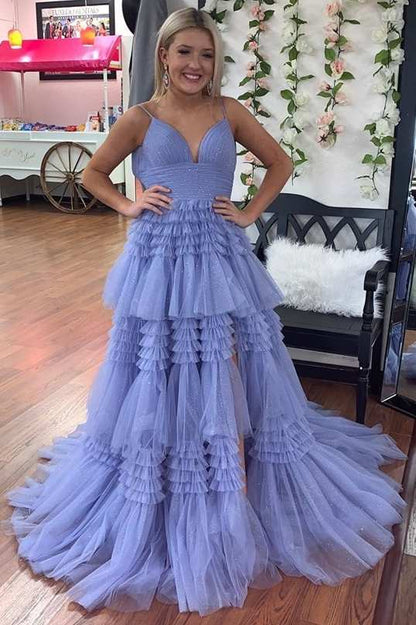 Black Tulle Multi-Tiered V-Neck Long Prom Dress