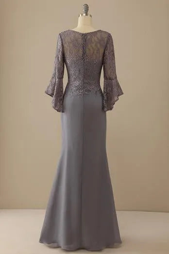 V-neck lace grey long sleeved bridal mother dress