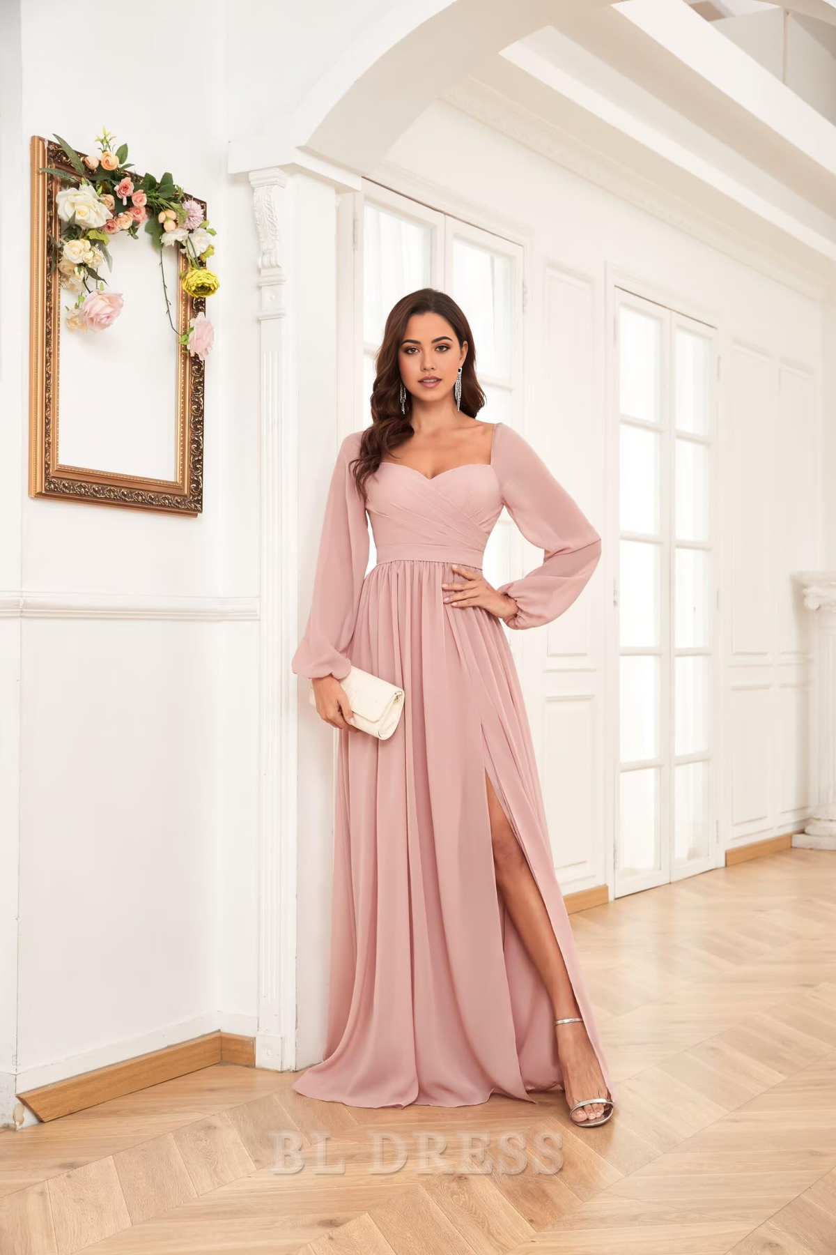A-line Long Sleeve Pleated Chiffon formal dresses Bridesmaid Dresses evening gown Prom Dress with Slit