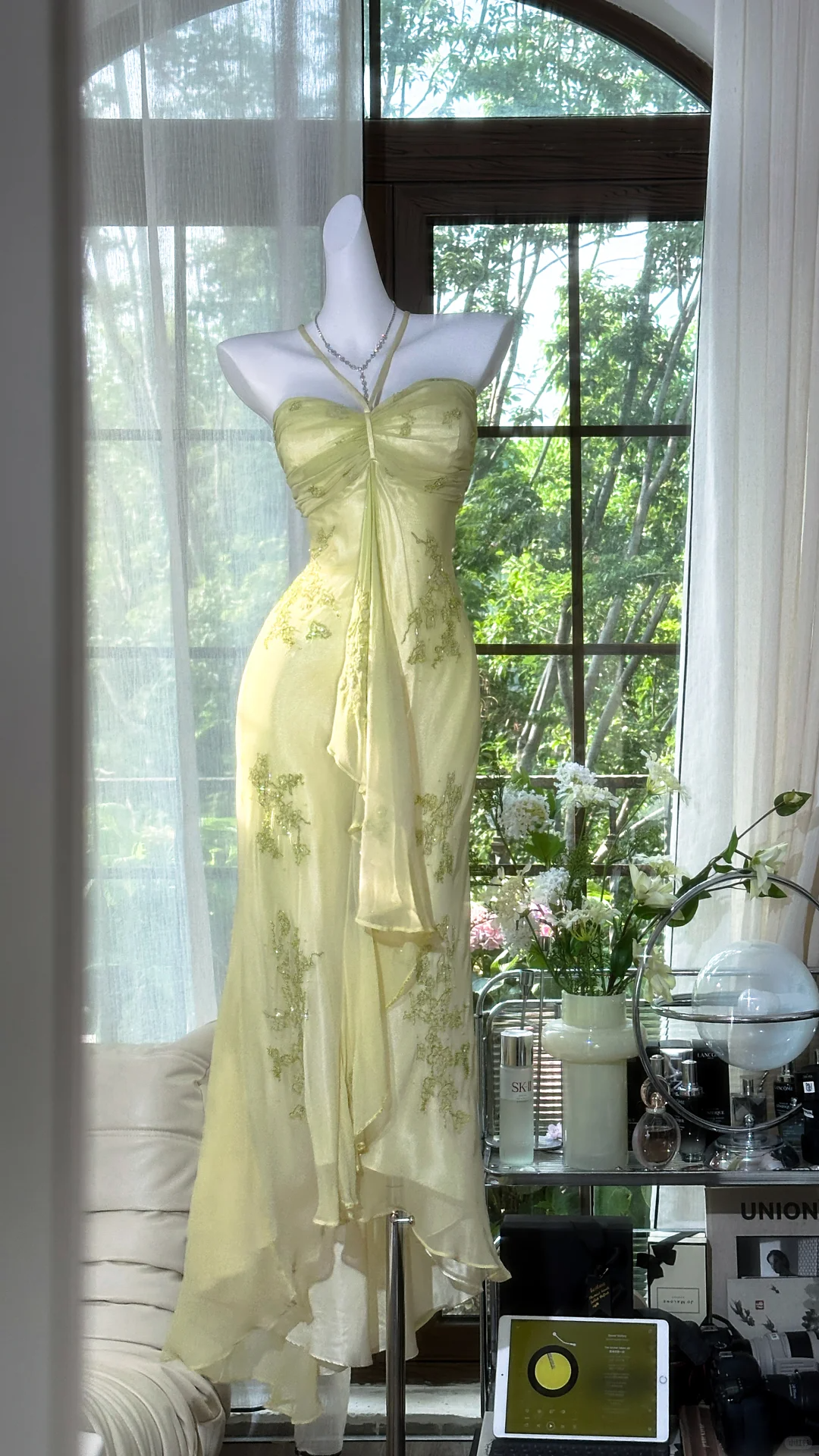 Shiny Light Green Sequined Spaghetti Strap Design Chiffon Prom Dress Evening Dress HZ1024