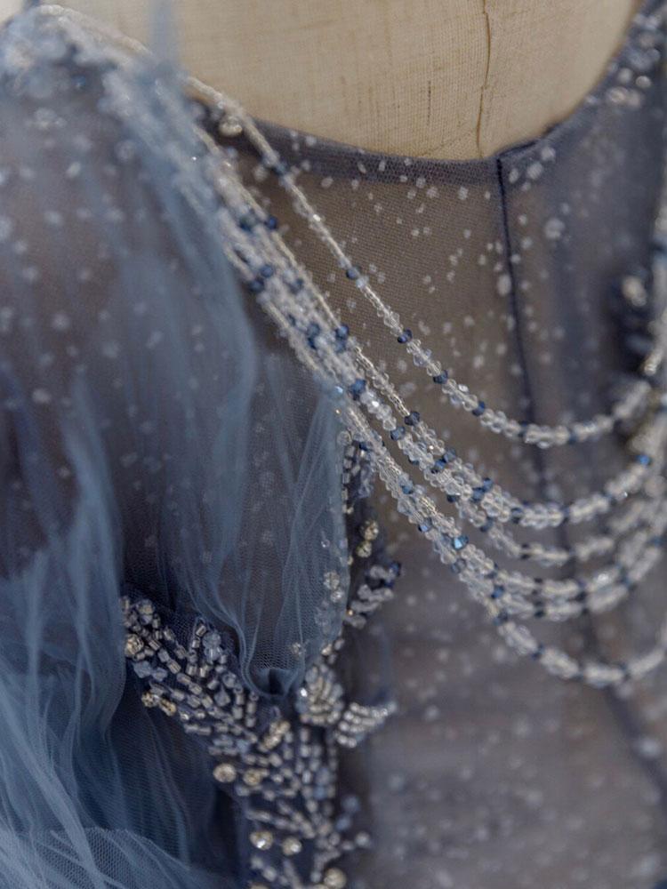Gray blue tulle sequin beads long prom dress, blue evening dress HZ1024
