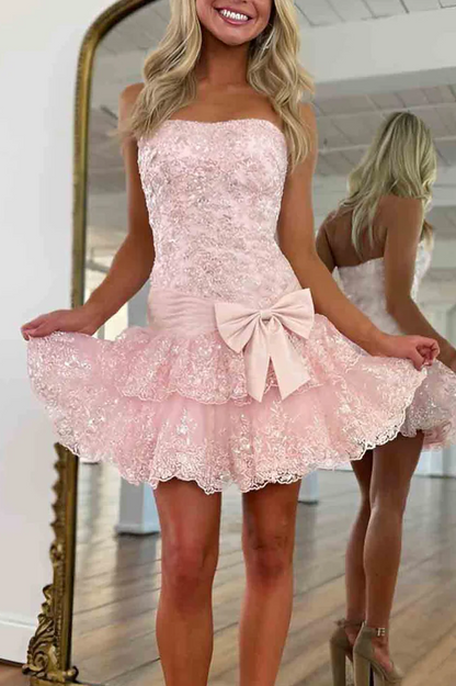 Cute Strapless A-Line Sequins Appliques Short Homecoming Dress with Ruffles