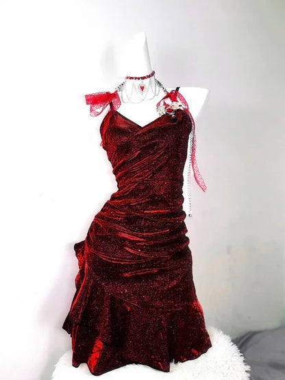 Retro Glitter Burgundy Spaghetti Strap 18th Birthday Party Dress Homecoming Dress HZ0319
