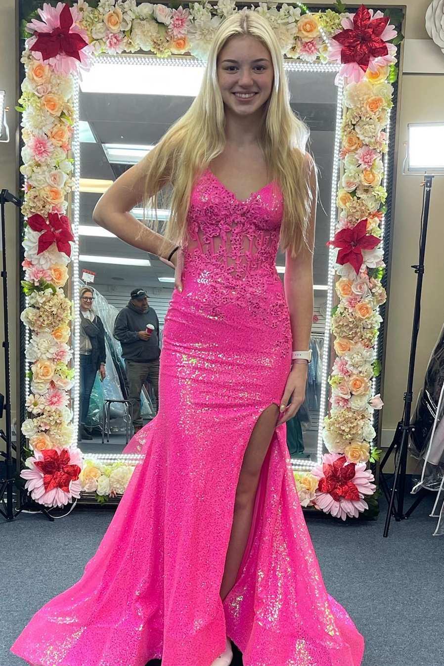 Orange Sequin Corset Top Mermaid Long Prom Dress with Slit