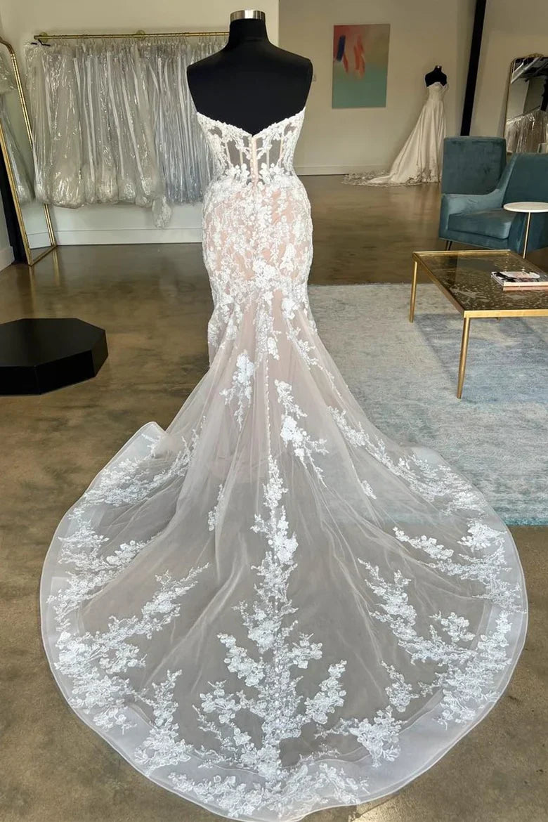 Strapless Floral Lace Trumpet Long Bridal Gown