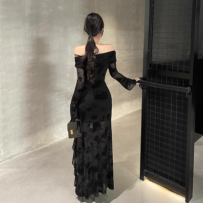 Elegant Black Party Slim-fit Split Dress One-shoulder Long-sleeved Dress HZ1024