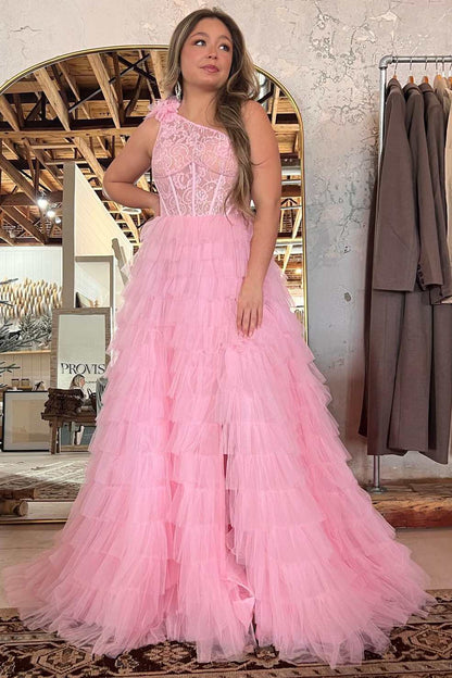 One-Shoulder Red Lace A-Line Tiered Prom Dress with Ruffles
