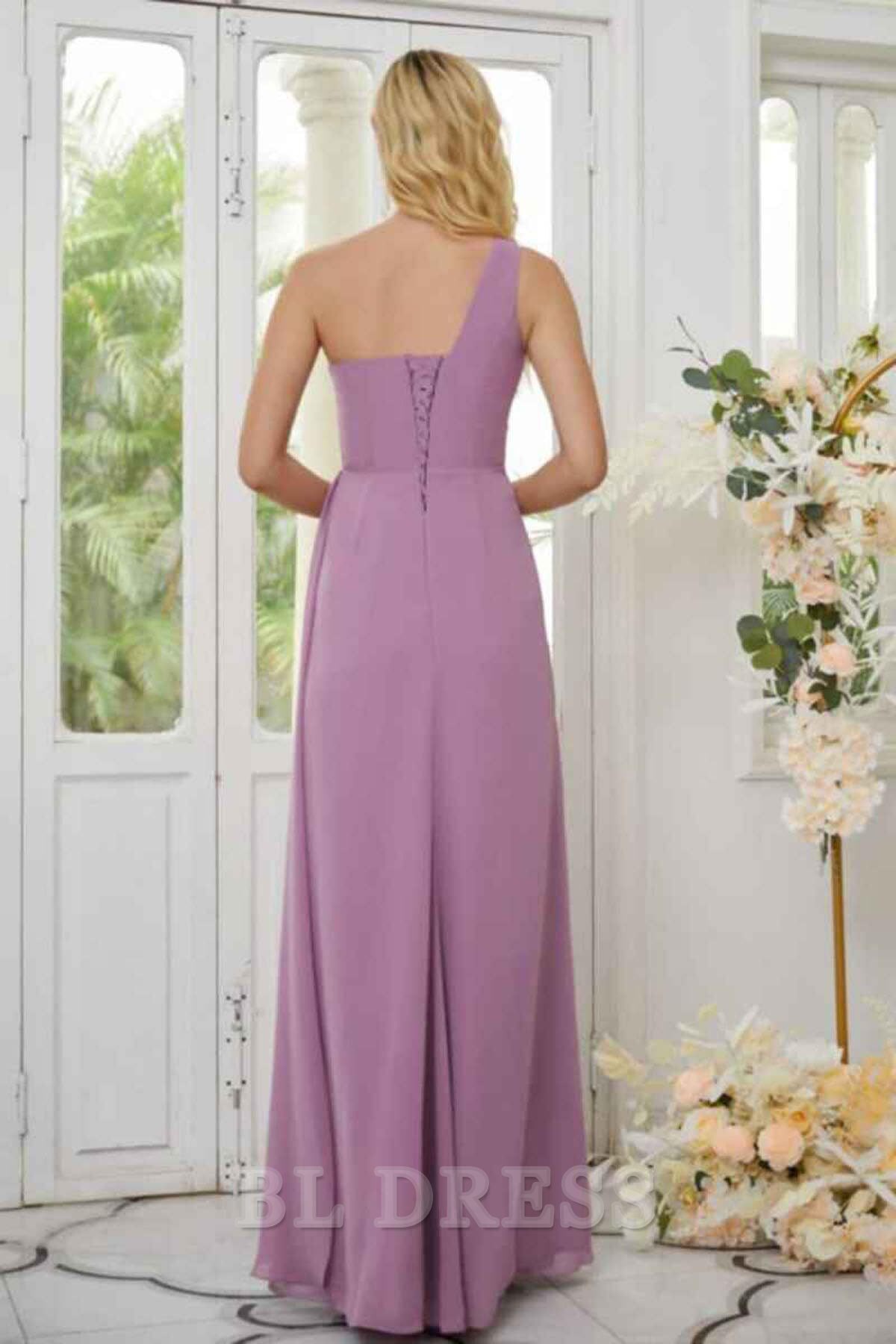 A Line One Shoulder Ruched Chiffon formal dresses Bridesmaid Dresses evening gown Prom Dress with Slit