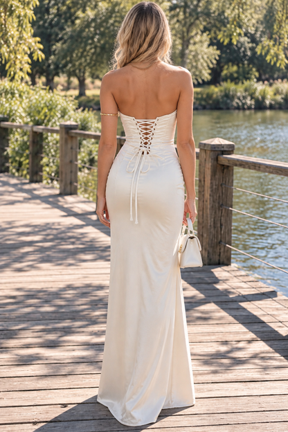 Off-White Strapless Pleats High Slit Satin Sheath Formal Prom Dress