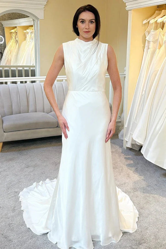 High-Collar Backless A-Line Long Wedding Dress