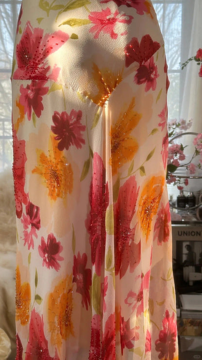 Vintage Floral A-line V-neck Spaghetti Strap Evening Dress Prom Dresses HZ1024