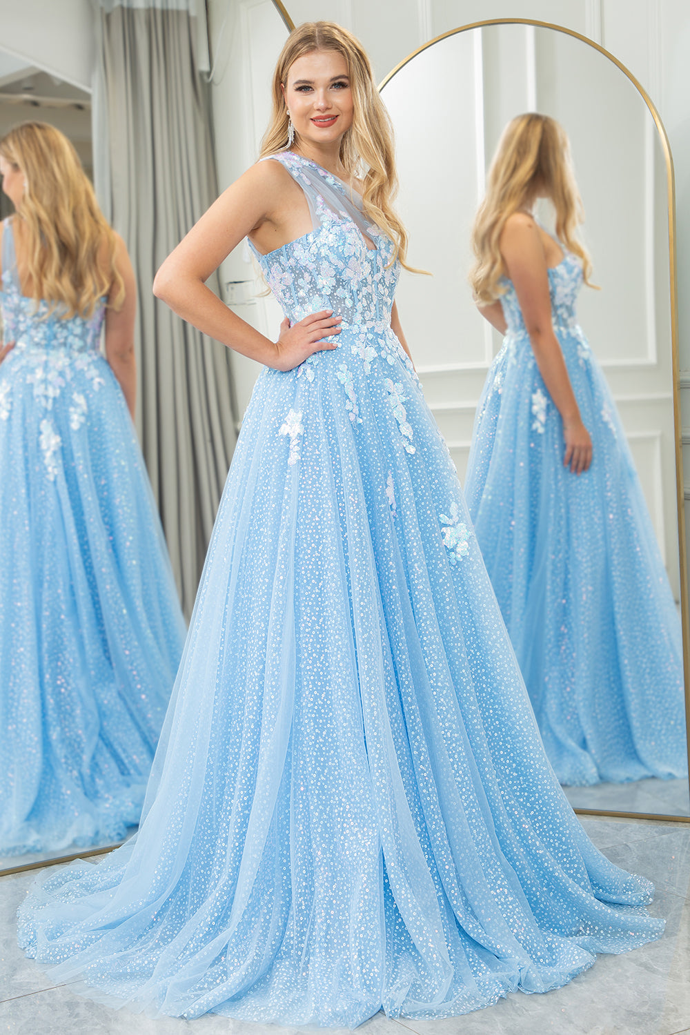 Light Blue A Line One Shoulder Sparkly Sequin Tulle Prom Dress With Appliques Beautiful