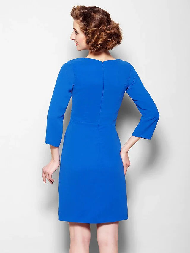 Mother of the Bride Dress Scoop Neck Knee Length Chiffon 3/4 Length Sleeve with Criss Cross