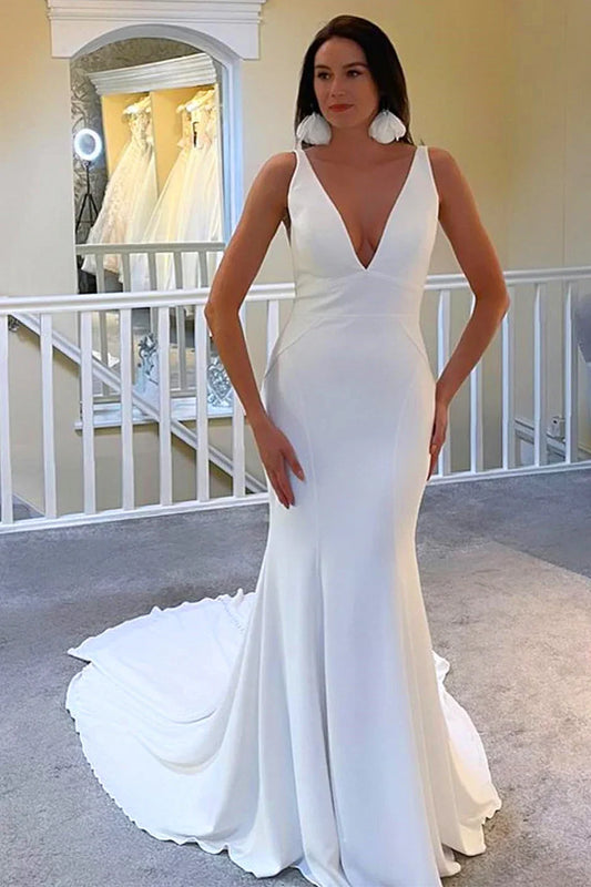 Plunge V Open Back Mermaid Long Wedding Dress