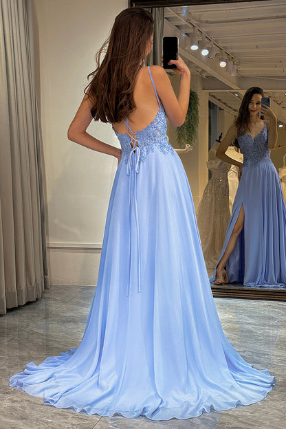 Sparkly Lavender Long Beaded Prom Dress With Appliques V-neck With Slit