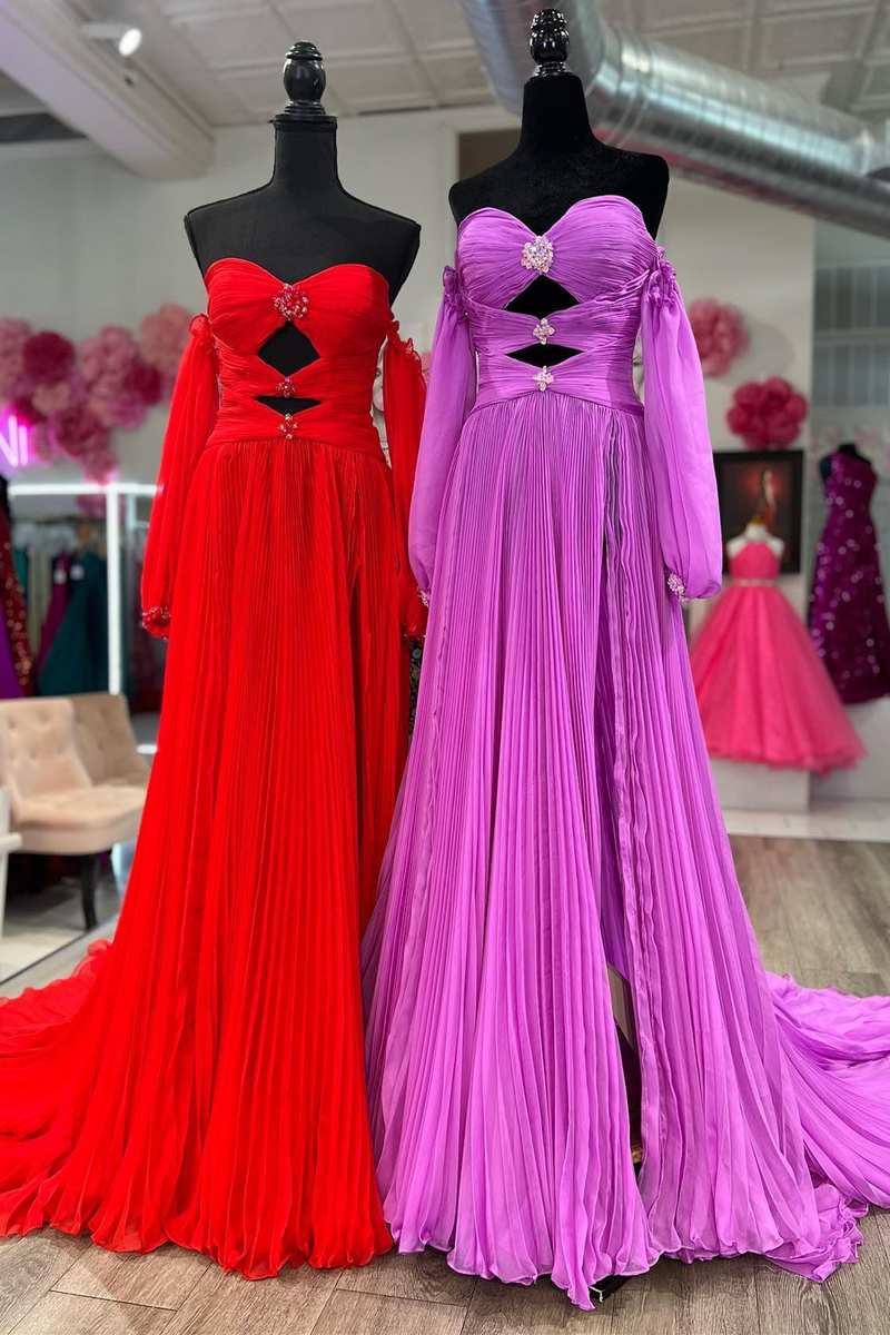 Off-Shoulder Beaded Strapless Cutout Long Prom Dress with Balloon Sleeves