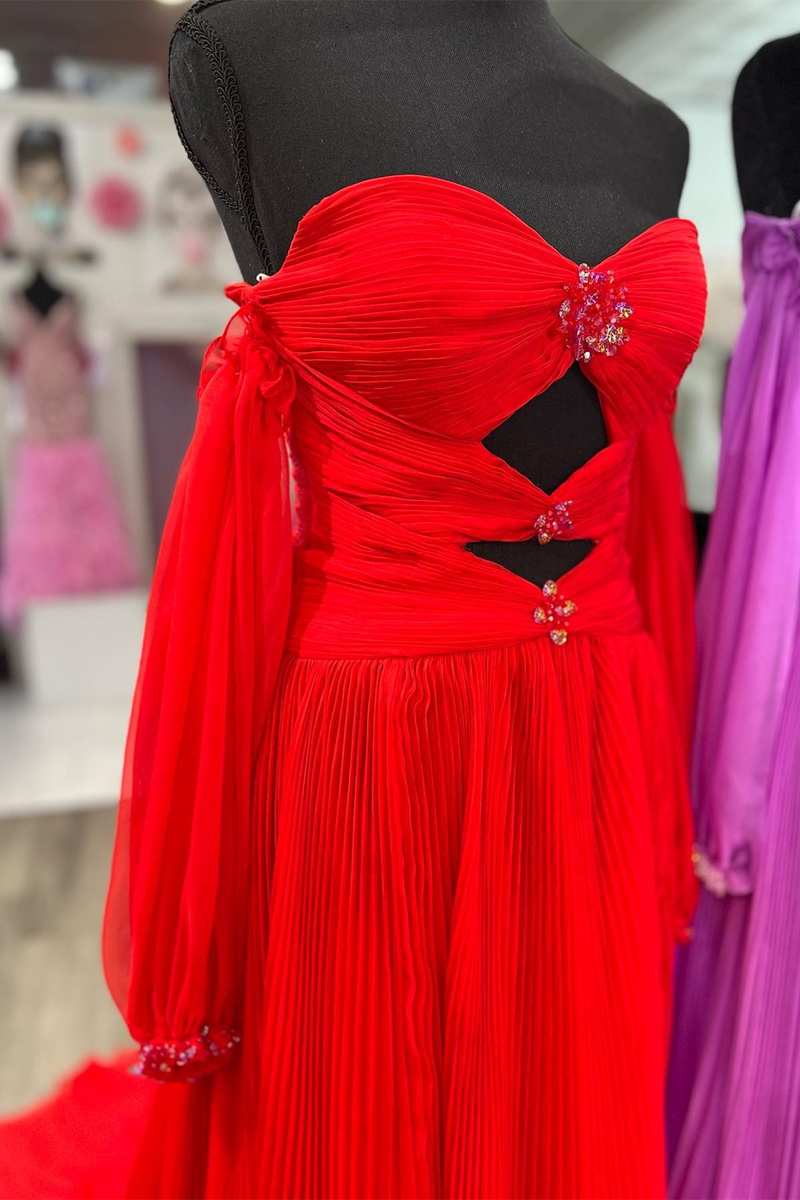 Off-Shoulder Beaded Strapless Cutout Long Prom Dress with Balloon Sleeves