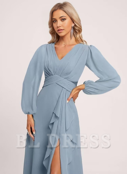 A-line V Neck Ruffle Long Sleeve Pleated formal dresses Bridesmaid Dresses evening gown Prom Dress with Slit