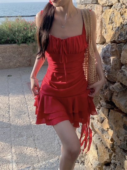 Vintage Red A-Line Tiered Homecoming Dress Party Dress Cocktail Dress HZ1024