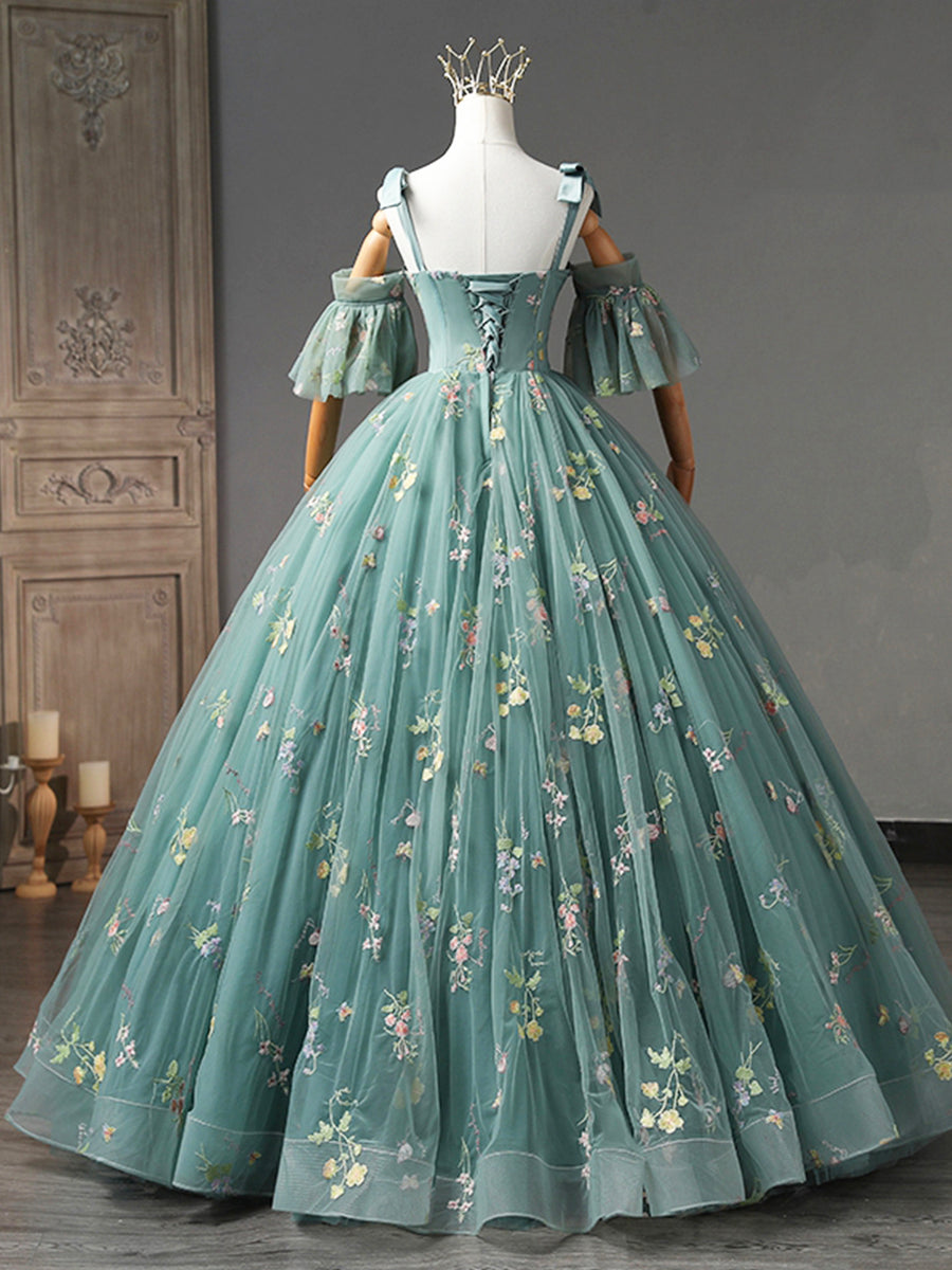 Green Floral Tulle Long Prom Dress Cute Off Shoulder Evening Party Dress Beautiful