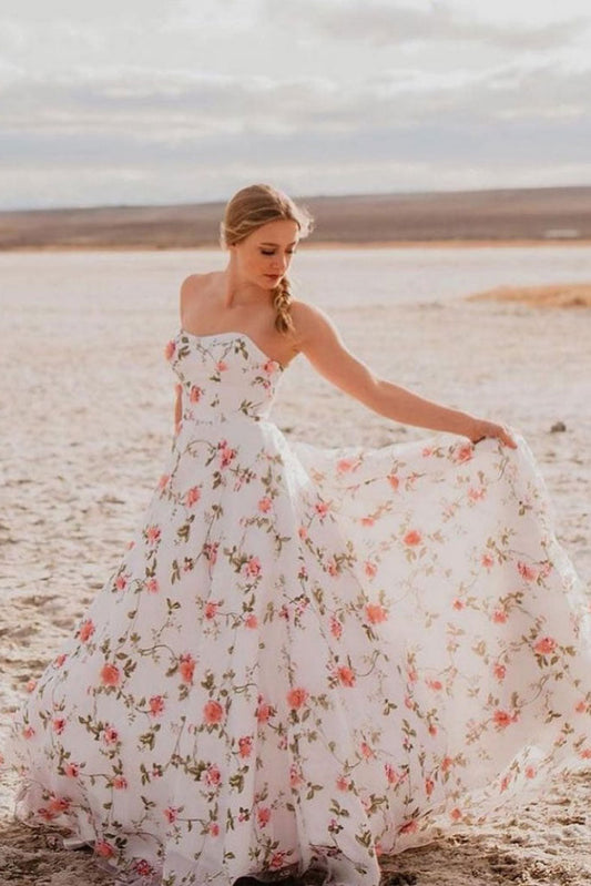 White 3D lace applique long prom dress white formal dress
