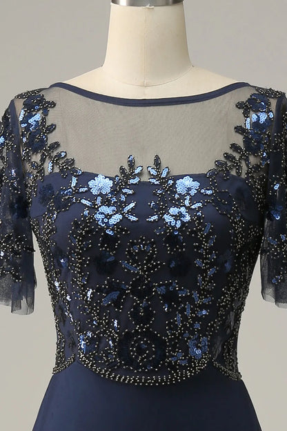 Navy blue decal sequin bridal mother dress