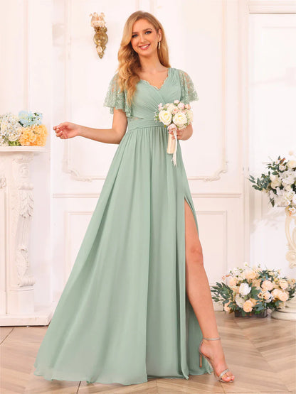 Aimishang A-Line/Princess V-Neck Long Wedding Party Dresses With Split Side