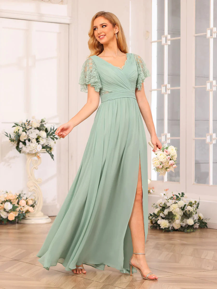 Aimishang A-Line/Princess V-Neck Long Wedding Party Dresses With Split Side