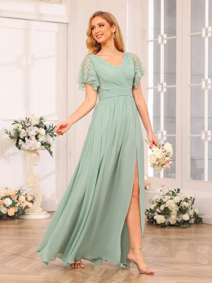 Aimishang A-Line/Princess V-Neck Long Wedding Party Dresses With Split Side