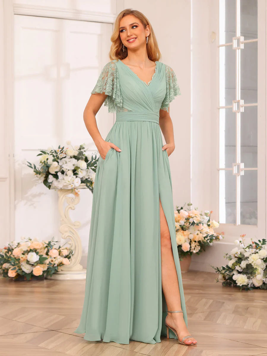 Aimishang A-Line/Princess V-Neck Long Wedding Party Dresses With Split Side