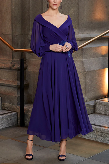 A-line V-neck decal chiffon mother of the bride dress