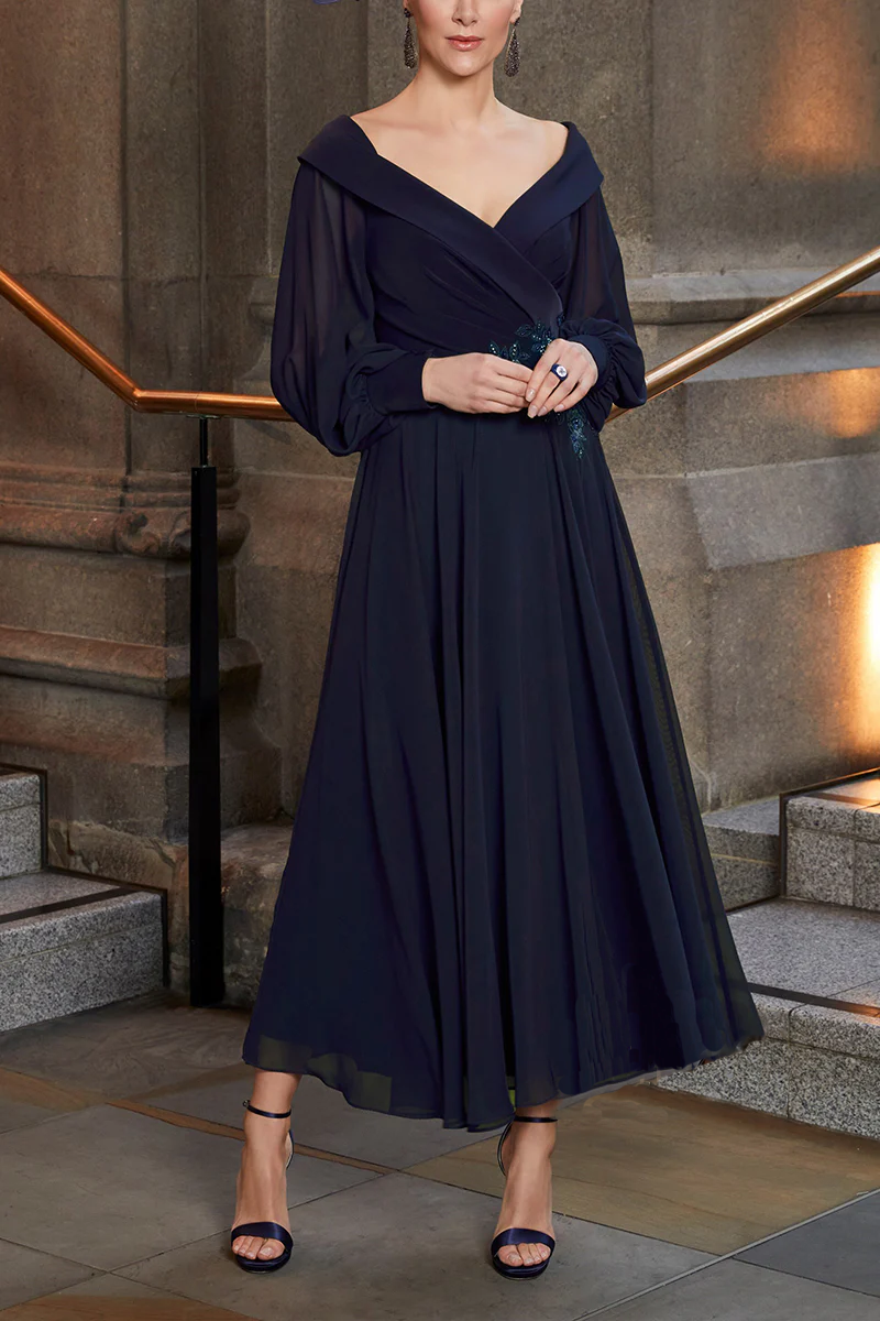 A-line V-neck decal chiffon mother of the bride dress