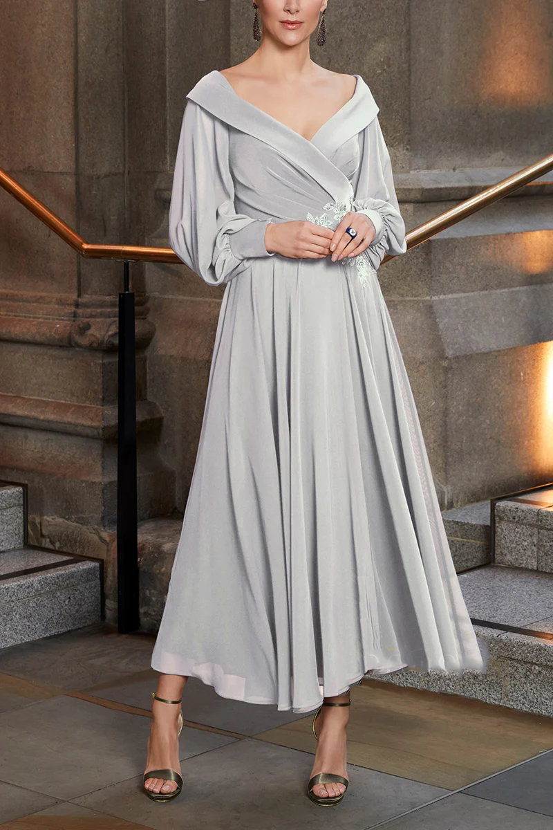 A-line V-neck decal chiffon mother of the bride dress