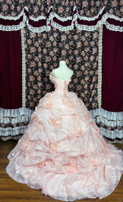 Gorgeous Pink 3D Flowers Sweet 16 Quinceanera Strapless A-Line Floor-length Prom Dress Evening Dress Ball Gown HZ1024