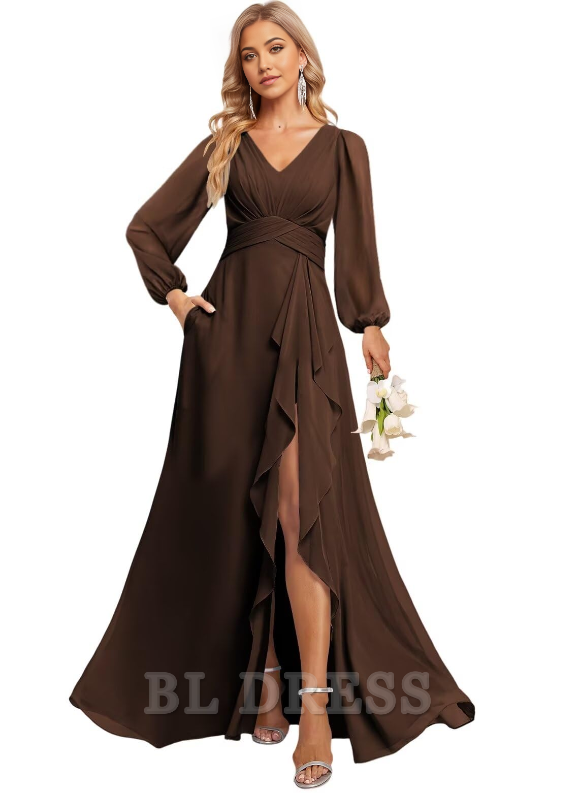 A-line V Neck Ruffle Long Sleeve Pleated formal dresses Bridesmaid Dresses evening gown Prom Dress with Slit