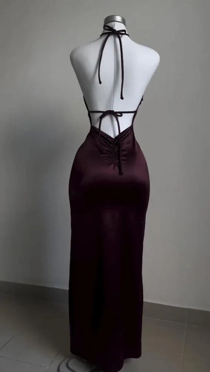 Elegant Sheath Halter Sleeveless Burgundy Satin Backless Prom Dresses Long Evening Dress HZ1024
