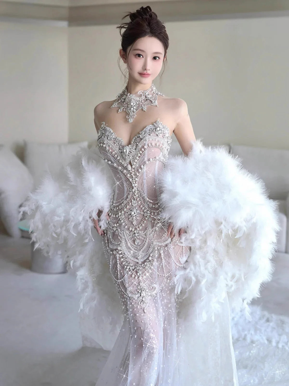 Elegant Silver-White Mermaid Sweetheart Neckline Pearl-Beaded Tulle Train Prom Dress Evening Dress cc5123