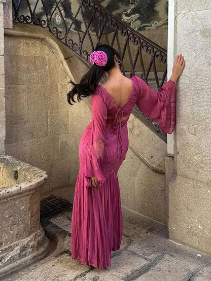 Pink Chiffon Lace Party Dress Elegant Long Prom Dress cc2232