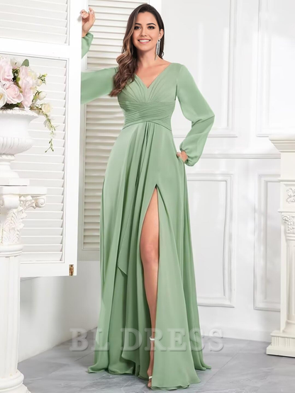 A-line V Neck Long Sleeves Ruffle Chiffon formal dresses Bridesmaid Dresses evening gown Prom Dress