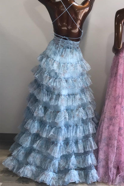 Lilac Print Lace-Up Ruffle Tiered Long Prom Dress