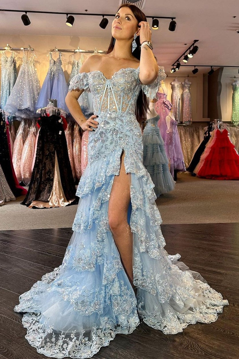 Red Sequin-Embroidery Off-the-Shoulder Tiered Long Prom Dress with Slit