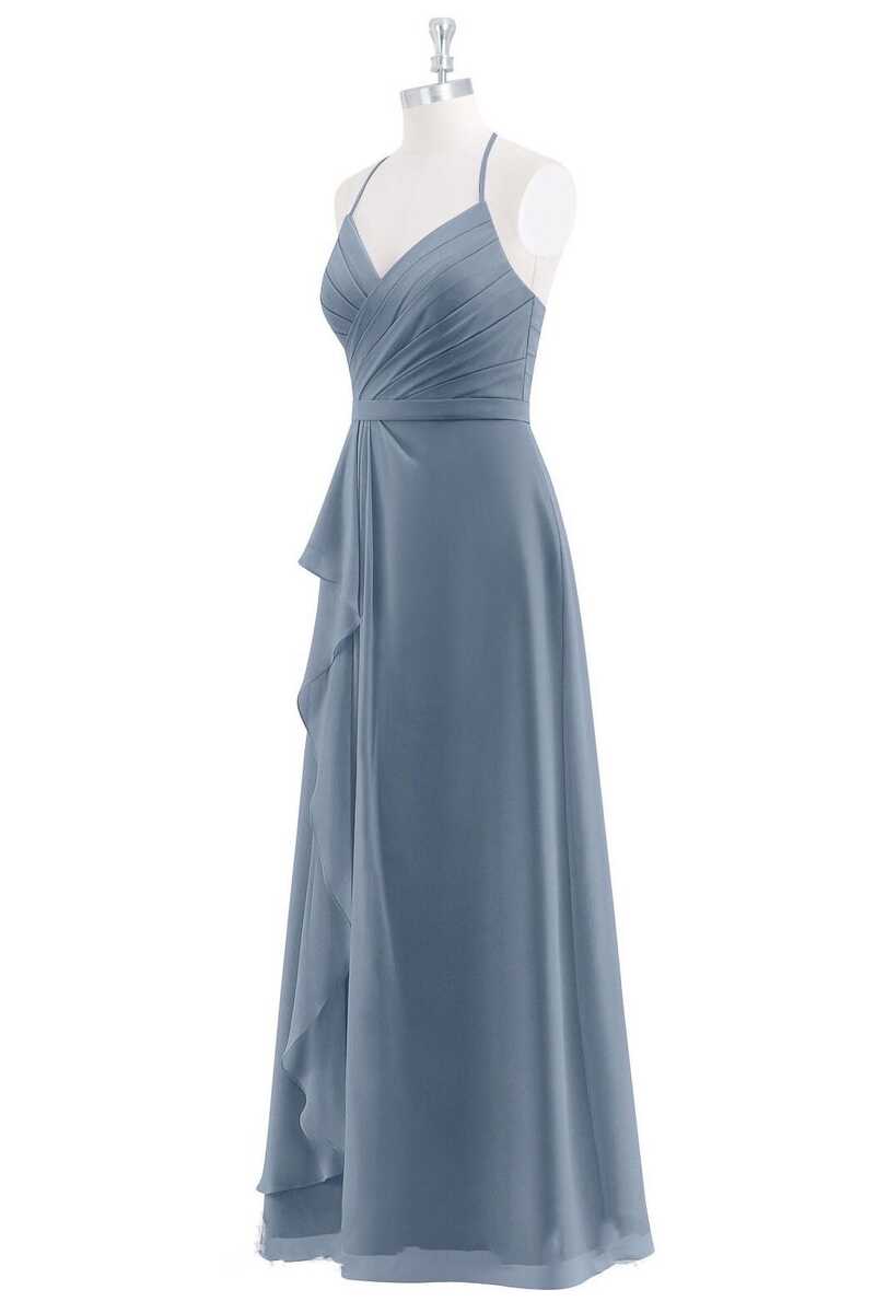 Dusty Blue Chiffon Halter Ruffled A-Line Maid of Honor Dress