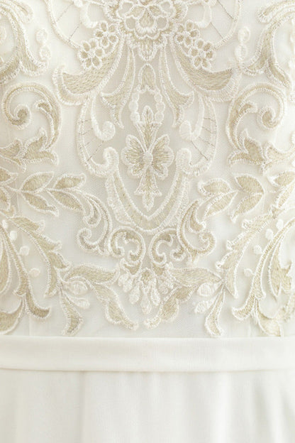 A-line high neck and sleeveless lace chiffon wedding dress