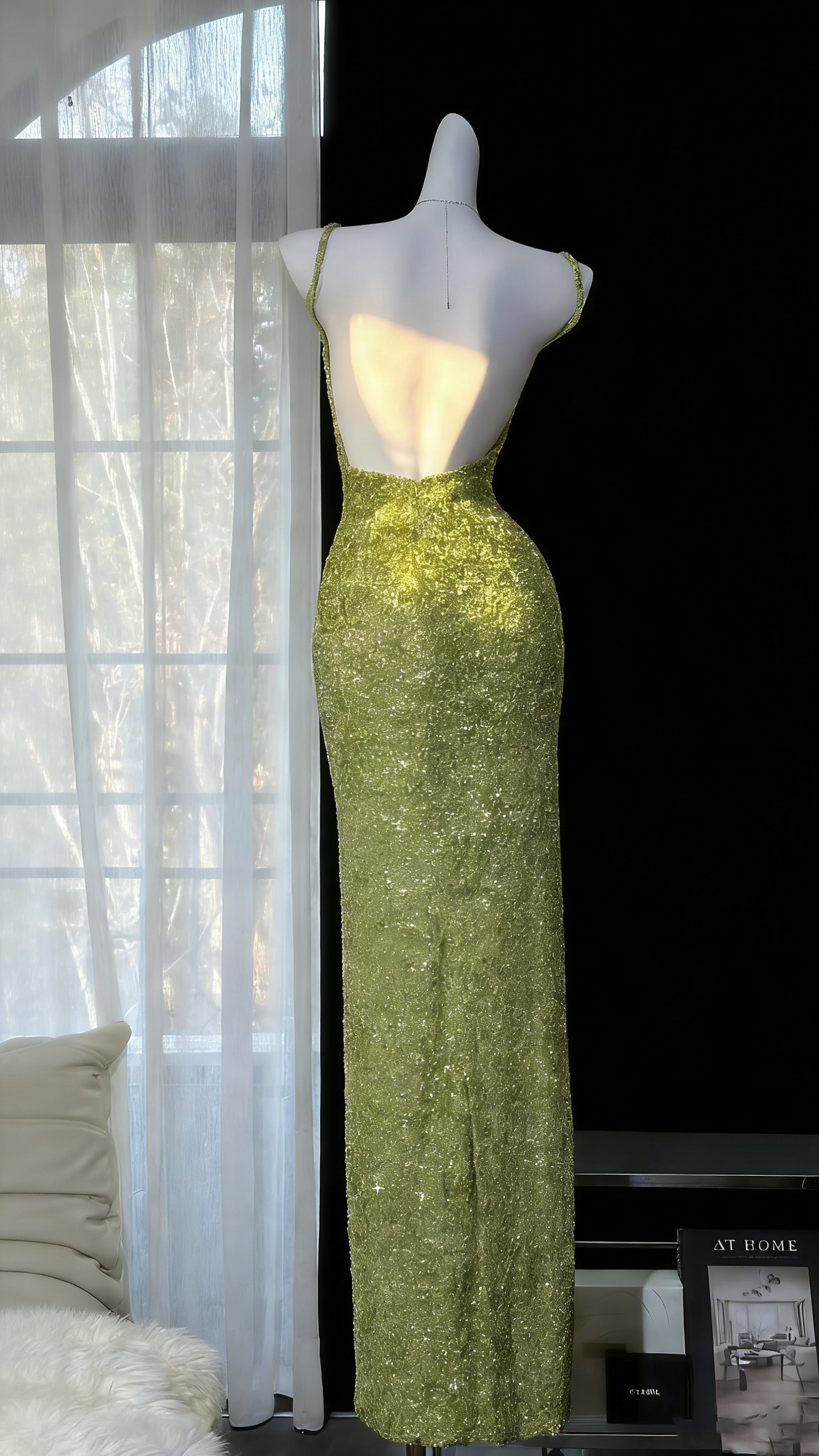Lime-Green Spaghetti Strap Gown - Square Neck Backless Slim Mermaid Evening/Red Carpet/Summer Party Maxi Dress gh6986