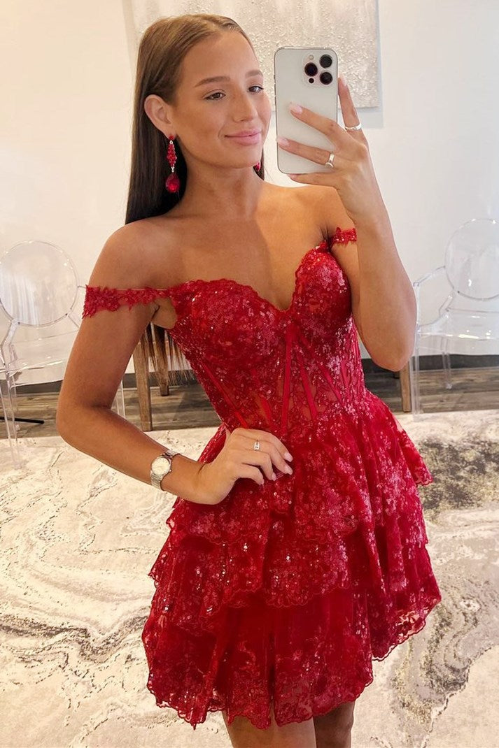 Black Sequin-Embroidery Sweetheart A-Line Tiered Homecoming Dress