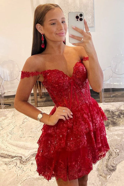 Black Sequin-Embroidery Sweetheart A-Line Tiered Homecoming Dress