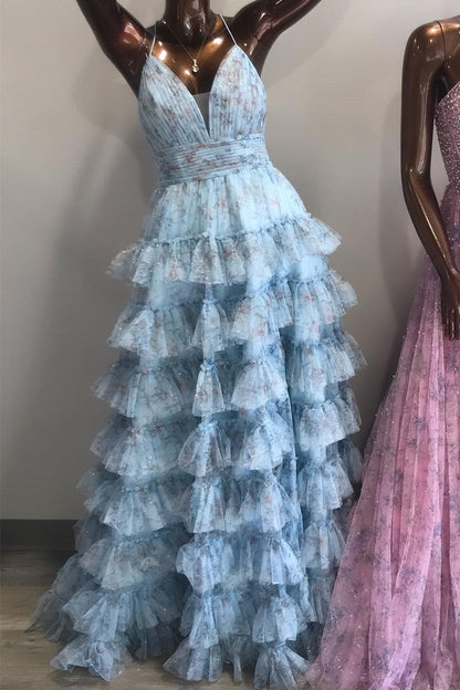 Lilac Print Lace-Up Ruffle Tiered Long Prom Dress