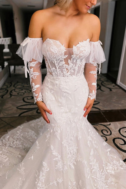 White Floral Lace Sweetheart Trumpet Wedding Dress with Detachable Sleeves